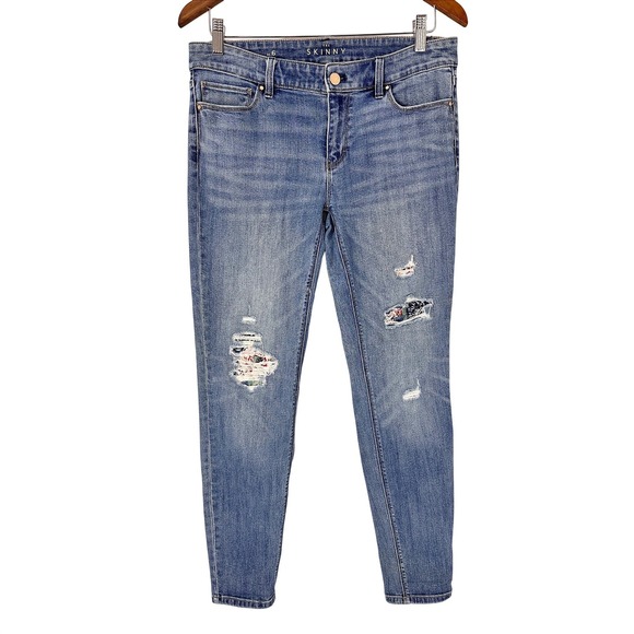 White House Black Market Denim - WHBM Floral Peekaboo Disrressed Skinny Ankle Cotton Blue Jeans Womens Size 6